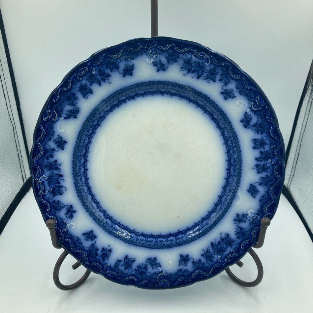 Antique New Wharf Pottery “Monmouth “ Blue 9" Rim  Plate Scalloped Rim 1890’s